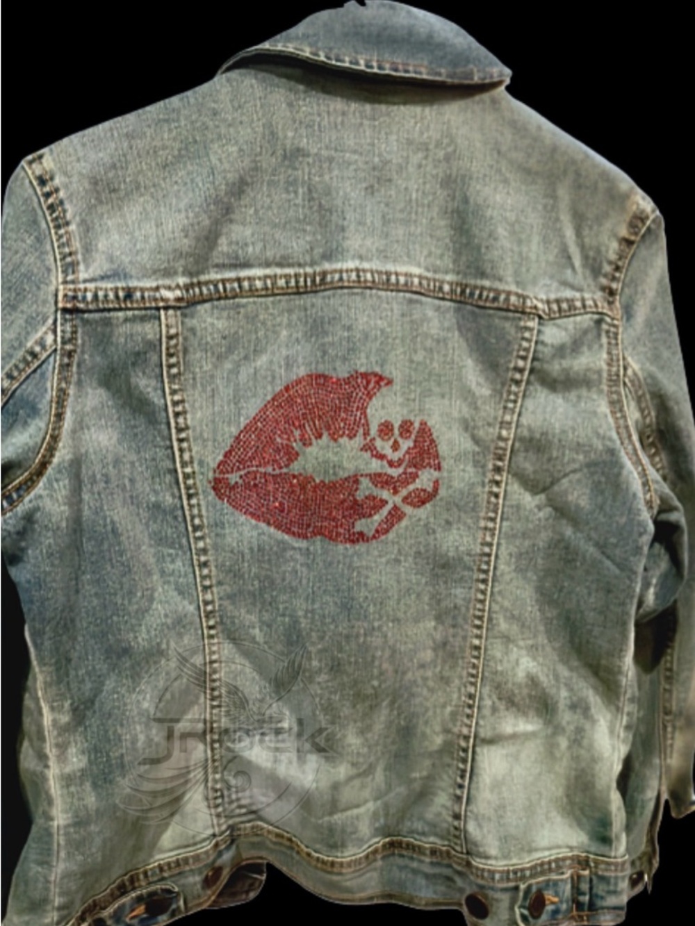 Denim Jacket with Red crystal Rhinestone Lip and skull